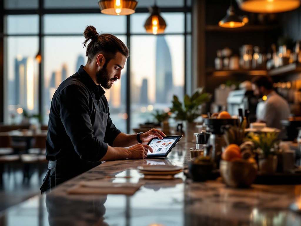 Dubai restaurant interior with laptop and analytics dashboard