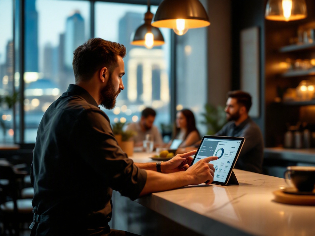 Dubai restaurant interior with laptop displaying analytics dashboard