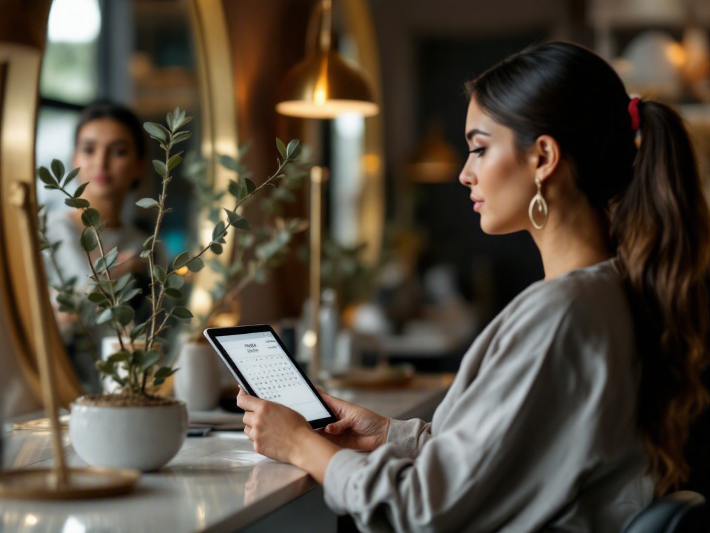 Dubai salon interior with WhatsApp message on phone screen