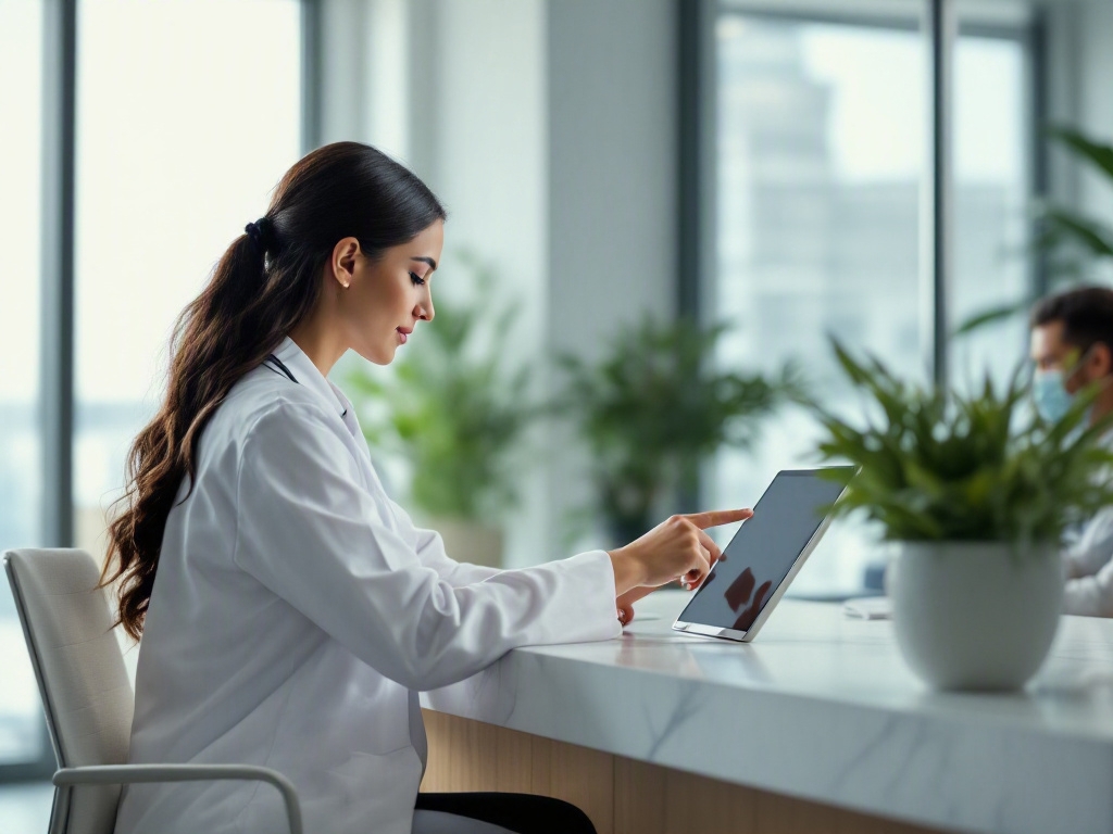 Modern clinic reception desk with a laptop and a phone