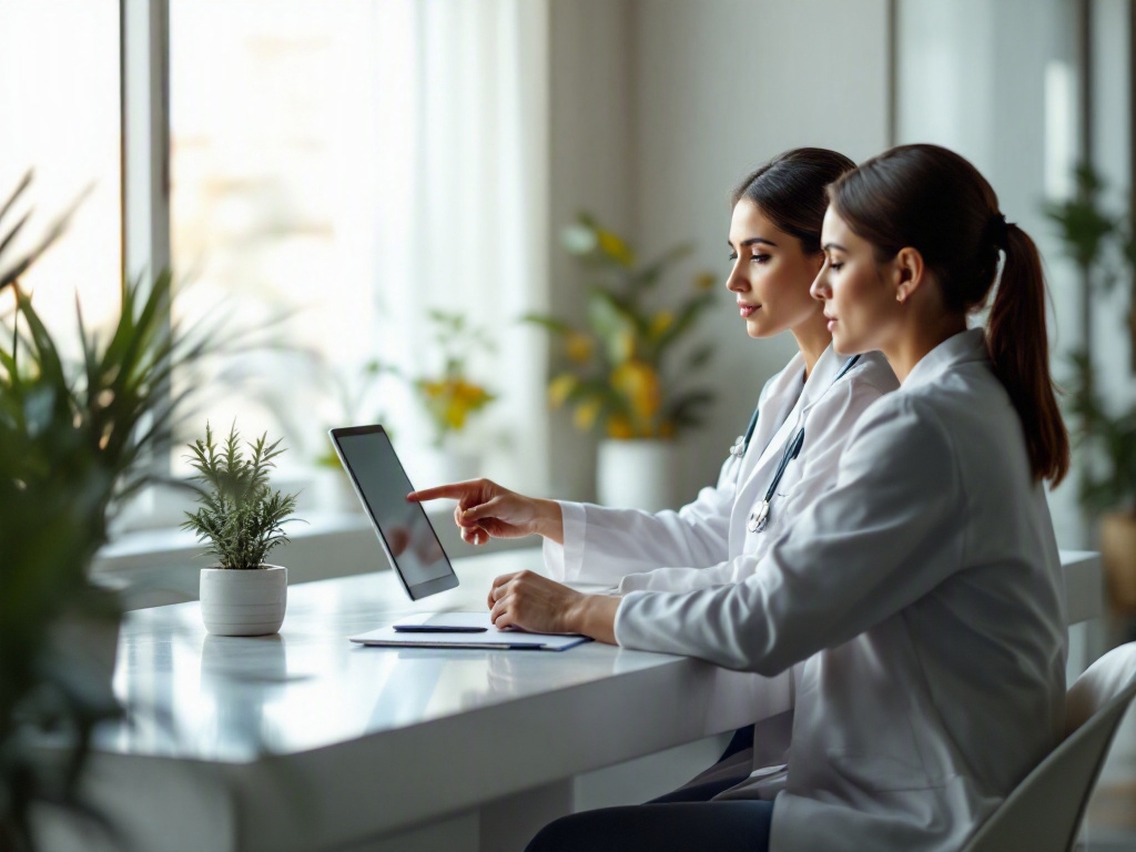 Modern clinic reception desk with a laptop and a patient feedback form