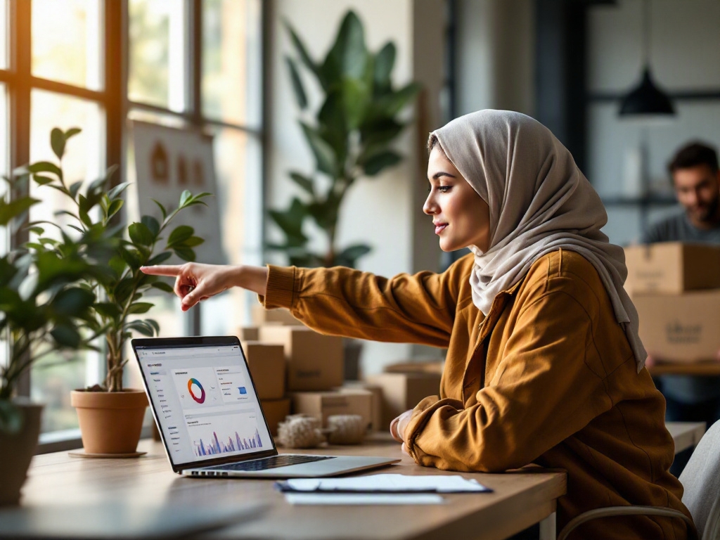Laptop with PPC dashboard on a modern desk in a Dubai office