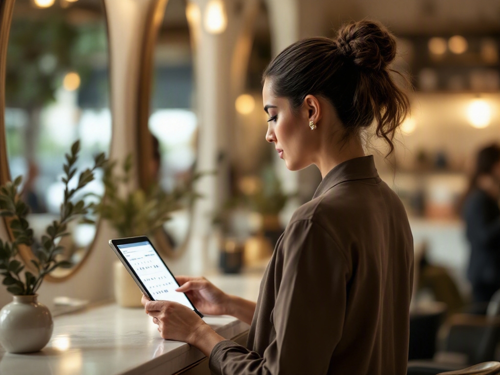 Luxurious salon interior in Dubai with a WhatsApp message on a phone screen