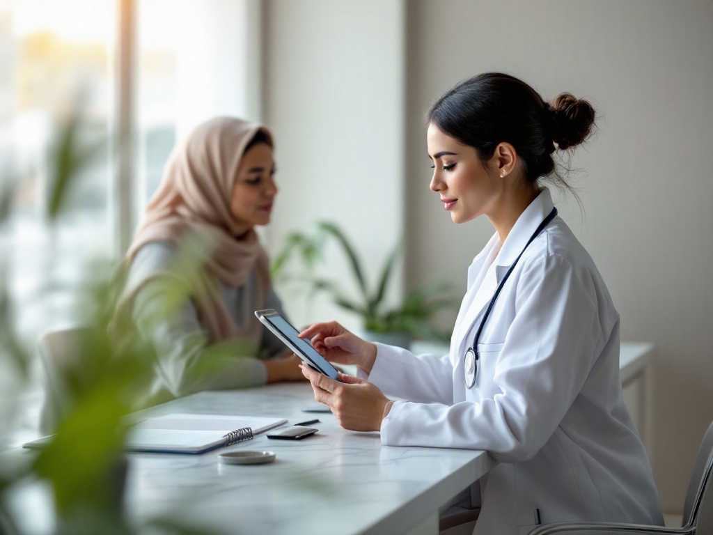 Modern clinic reception desk with a laptop and a patient feedback form