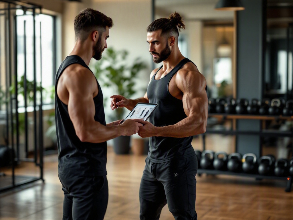 Modern fitness studio in Dubai with empty treadmills and exercise machines, and a large window overlooking the Burj Khalifa.