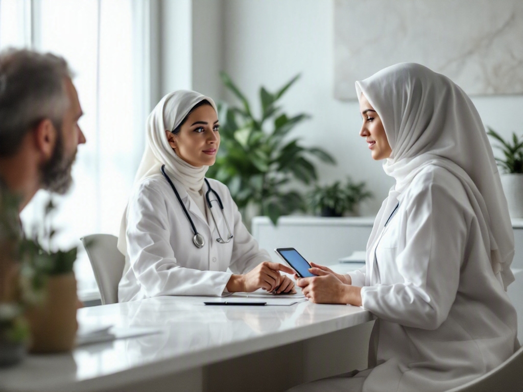 Modern clinic reception desk with a laptop and a patient feedback form