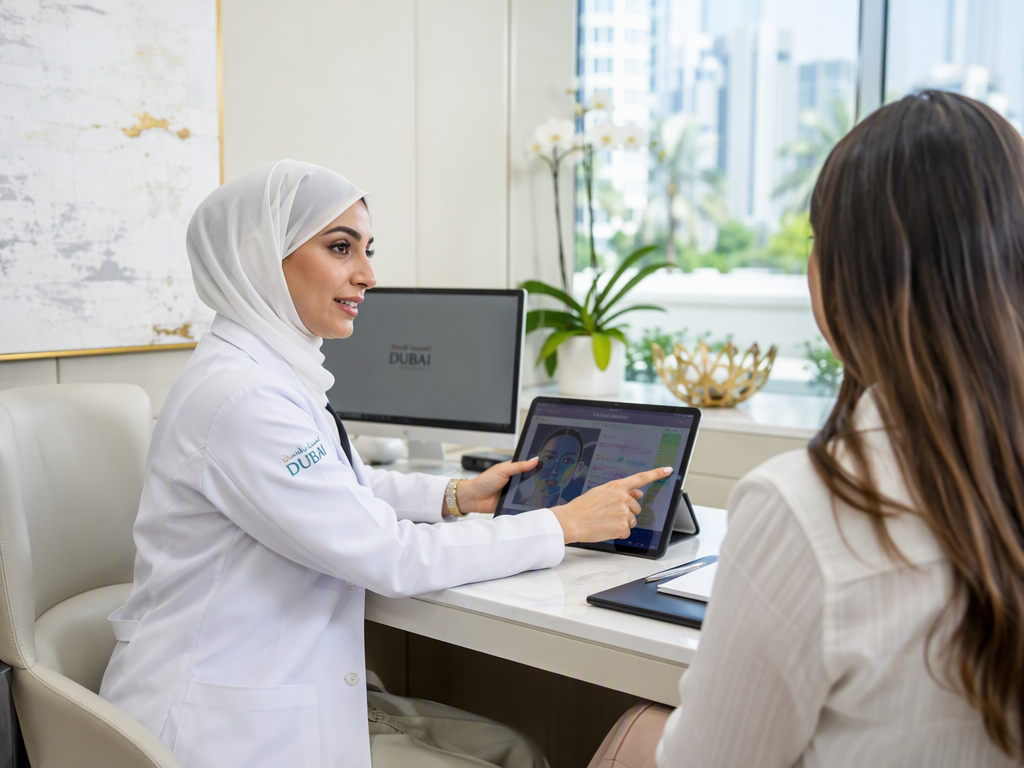 Modern clinic reception desk in Dubai with a WhatsApp message on the screen