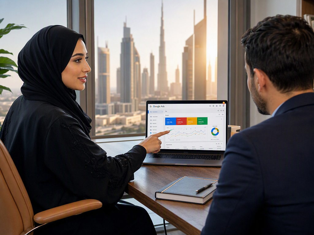 Laptop with Google Ads dashboard in a modern office setting in Dubai