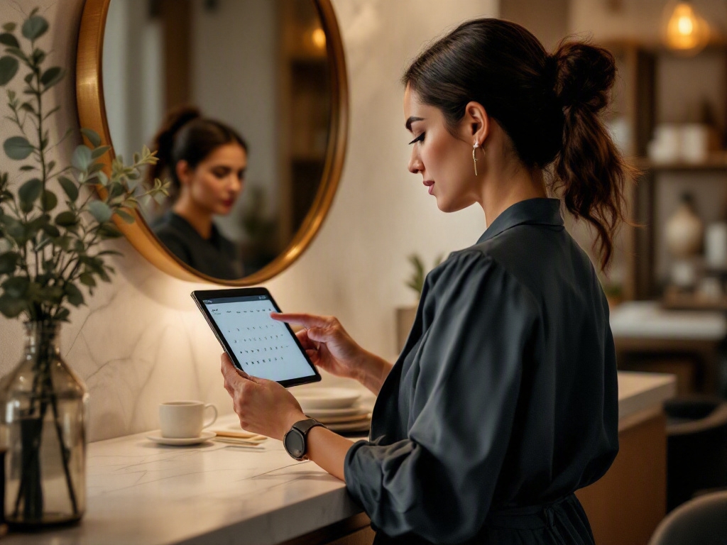 Modern salon interior in Dubai's Business Bay area with a WhatsApp message on a phone screen