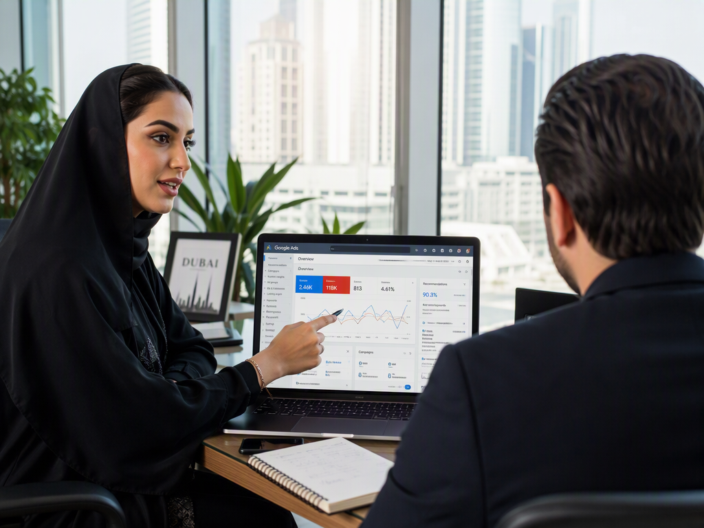 Laptop with PPC campaign dashboard on a modern office desk in Dubai