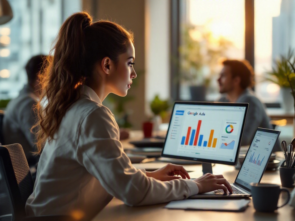 Laptop displaying analytics dashboard in modern office