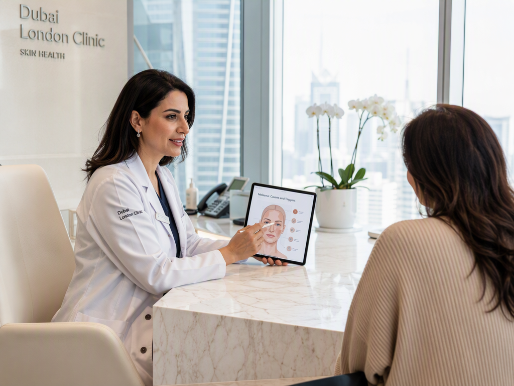 Modern clinic reception desk in Dubai with a laptop displaying a website analytics dashboard