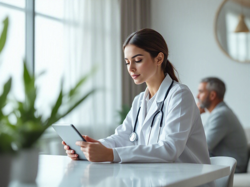 Modern clinic reception desk in Dubai with a laptop displaying a clean analytics dashboard