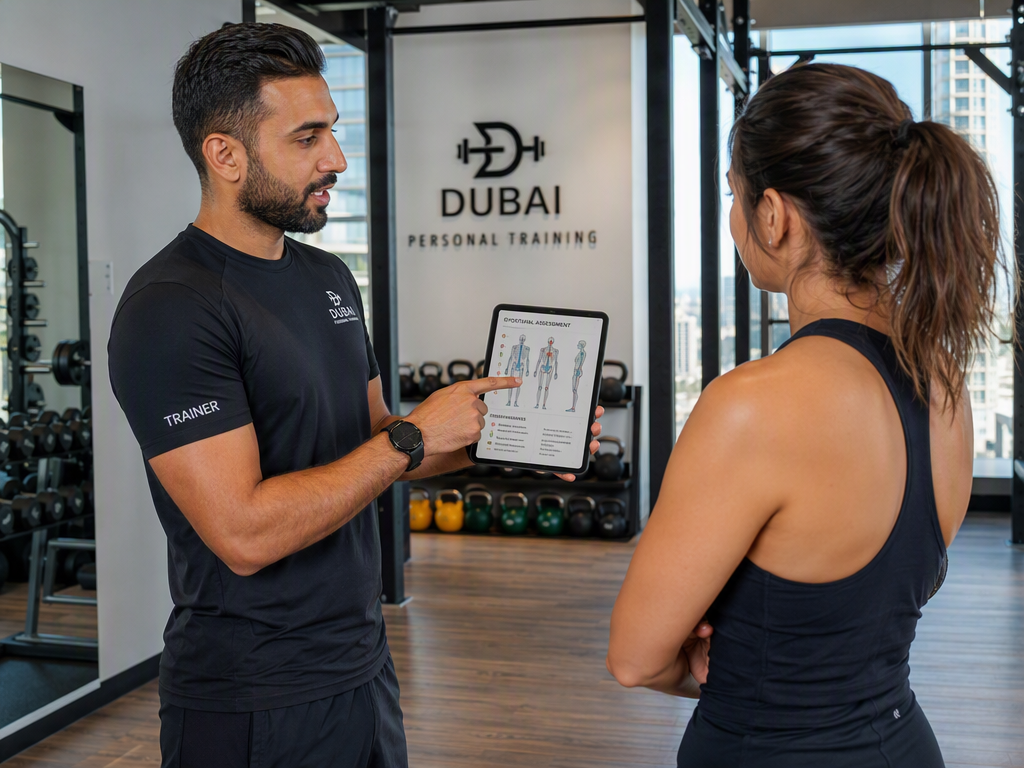 Modern fitness studio in Dubai with empty treadmills and exercise equipment
