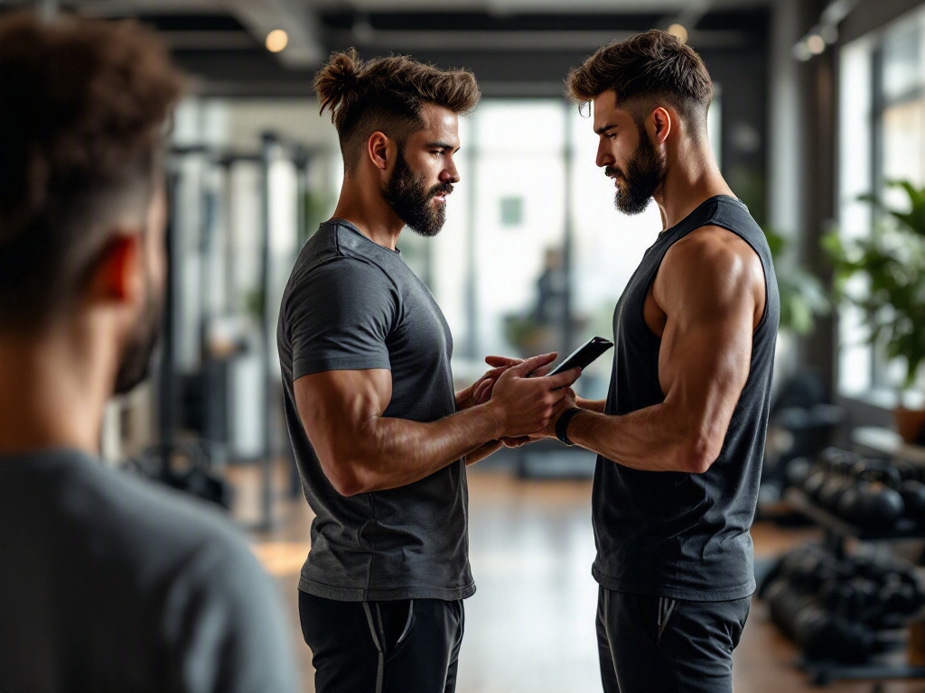 Fitness studio interior in Dubai with empty equipment and a WhatsApp message on a phone screen