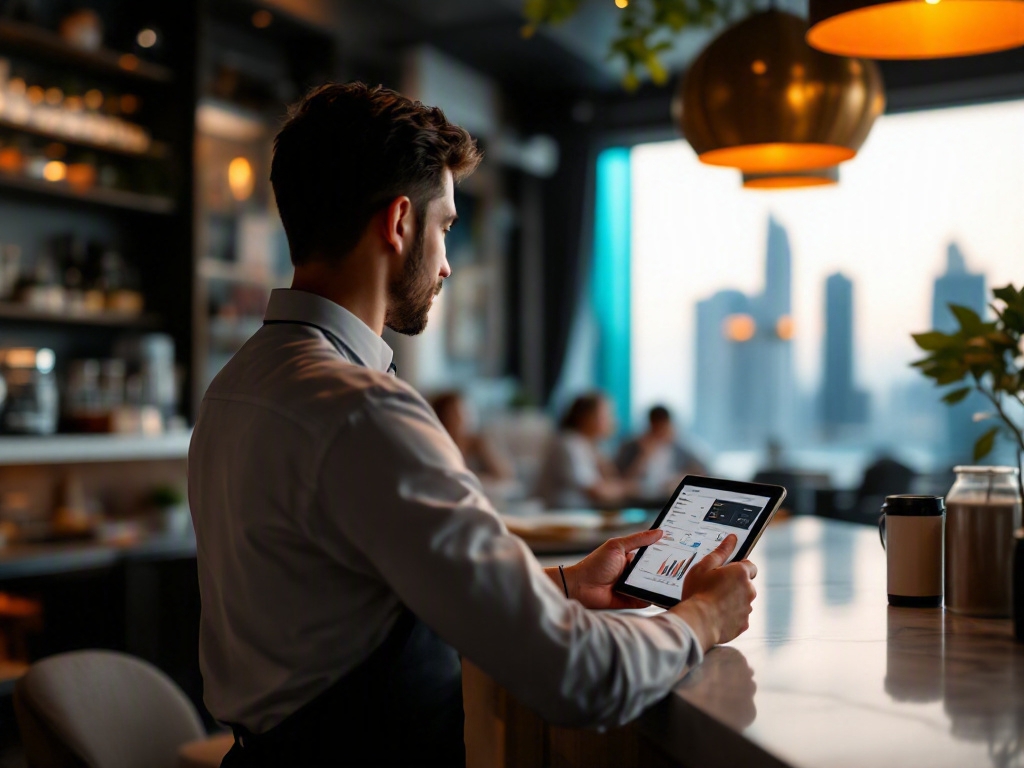 Modern restaurant interior in Dubai with empty tables and a WhatsApp message on a phone screen