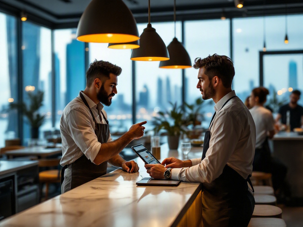 Empty restaurant interior in Dubai's Business Bay area with a WhatsApp message on a phone screen