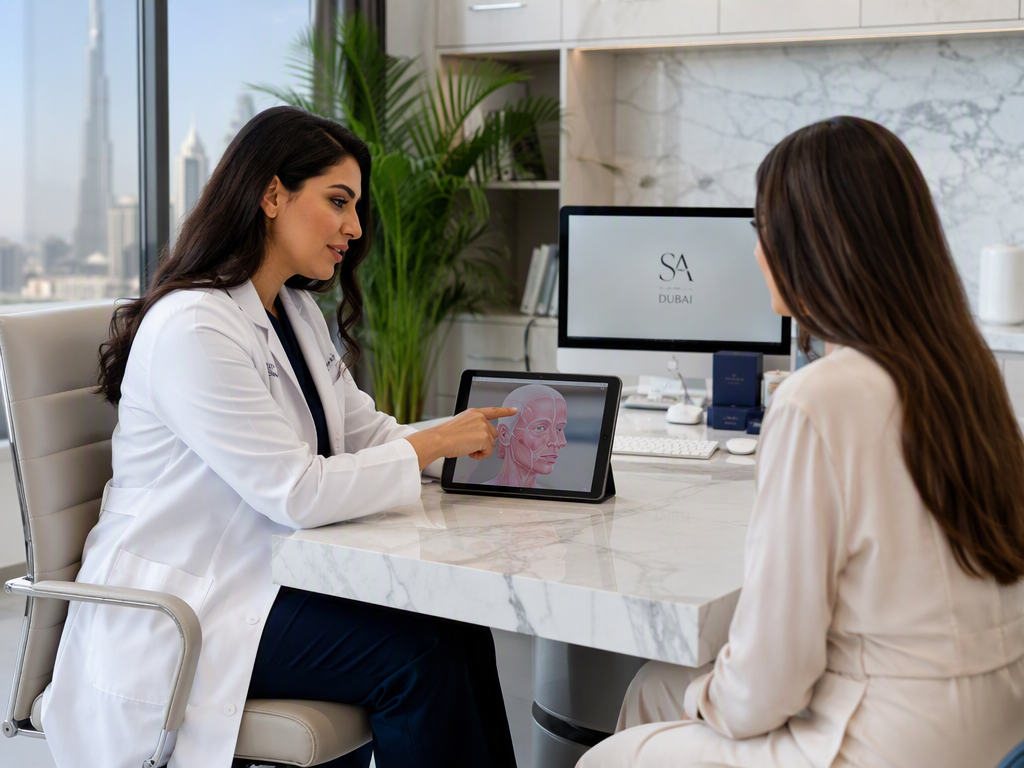 Modern clinic reception desk with WhatsApp message on screen