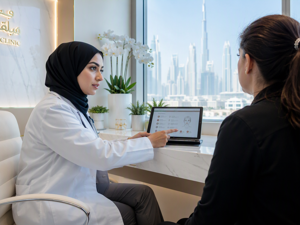 Modern clinic reception desk with a laptop and a patient feedback form