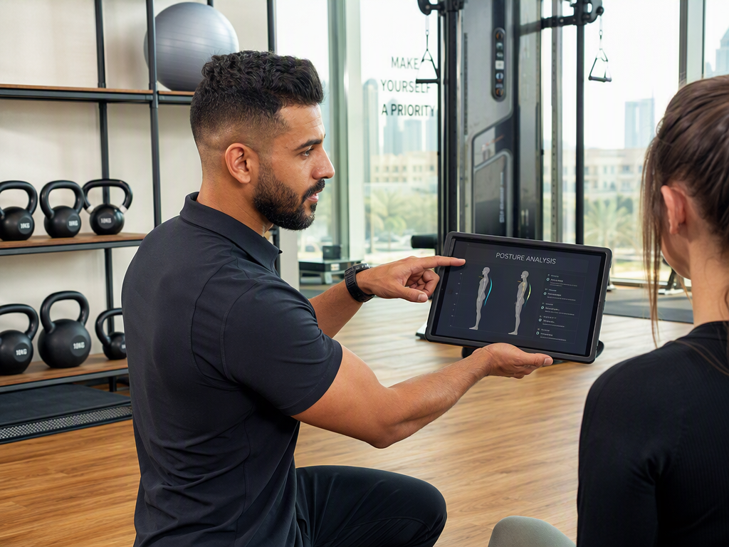 Modern fitness studio in Dubai with empty treadmills and weights