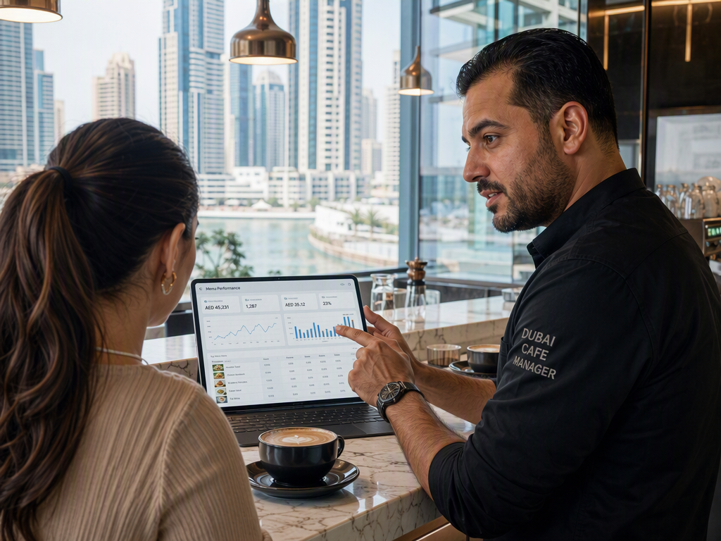 Empty restaurant interior in Dubai with a laptop displaying a PPC campaign dashboard