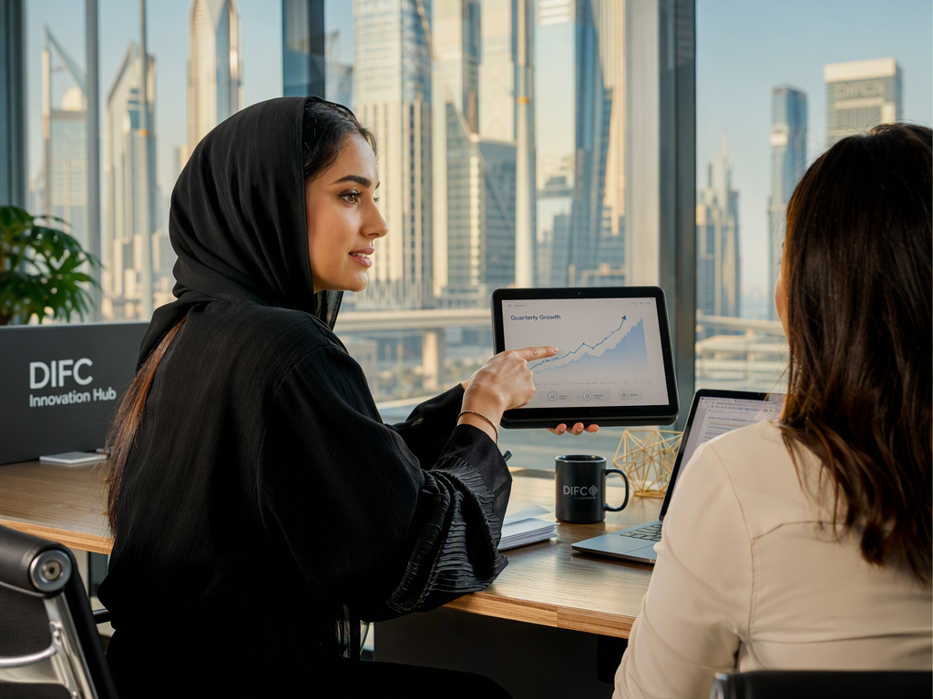 Dubai cityscape with laptop displaying website analytics