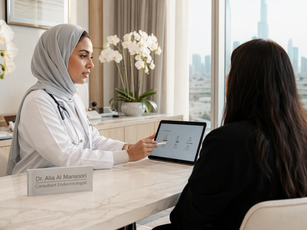 Modern clinic reception desk with a laptop and a stethoscope