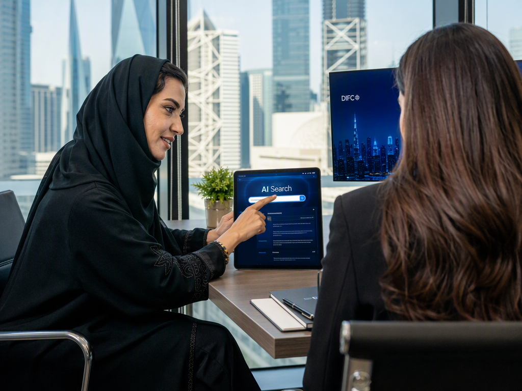 Laptop screen displaying a map of Dubai with a red pin marking a business location