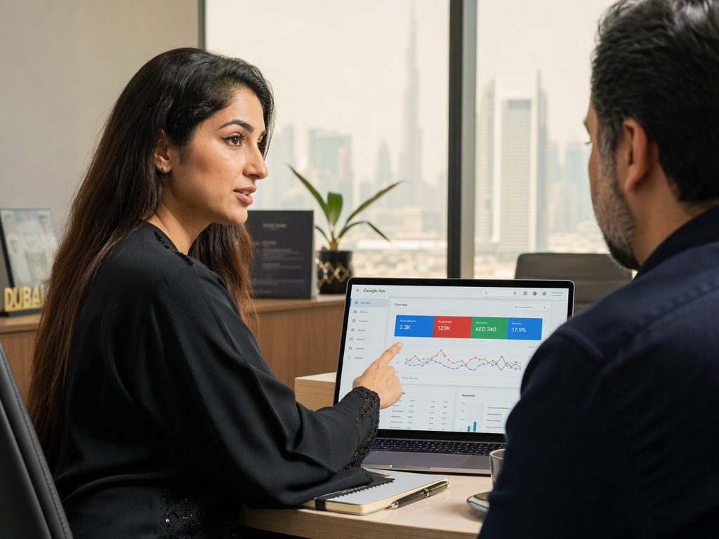 Laptop with PPC dashboard on a modern office desk in Dubai